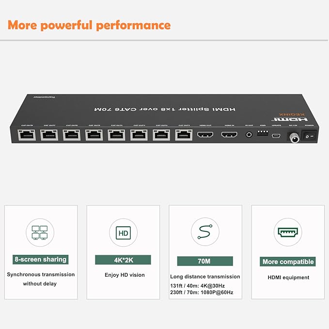 KEQINX 4K 1x8 HDMI Extender Splitter 70m/230ft HDMI Over Ethernet Splitter POC - Image 3