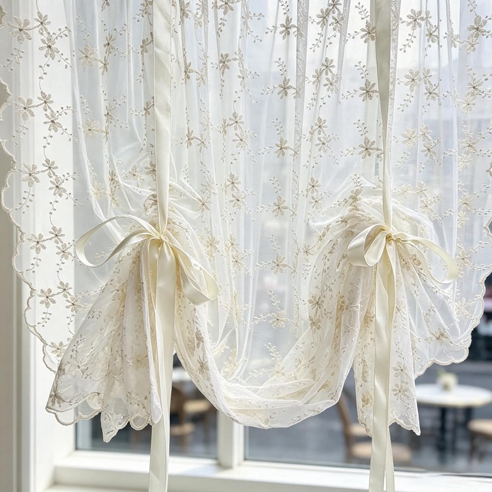 Beige Romantic Little Floral Woven Lace Tie Up Balloon Curtain for Kitchen | Liftable Tier Roman Blind Scallop Edge Lace Cafe Curtain Victorian Drapes for Small Window Balcony Doorway Rod Pocket