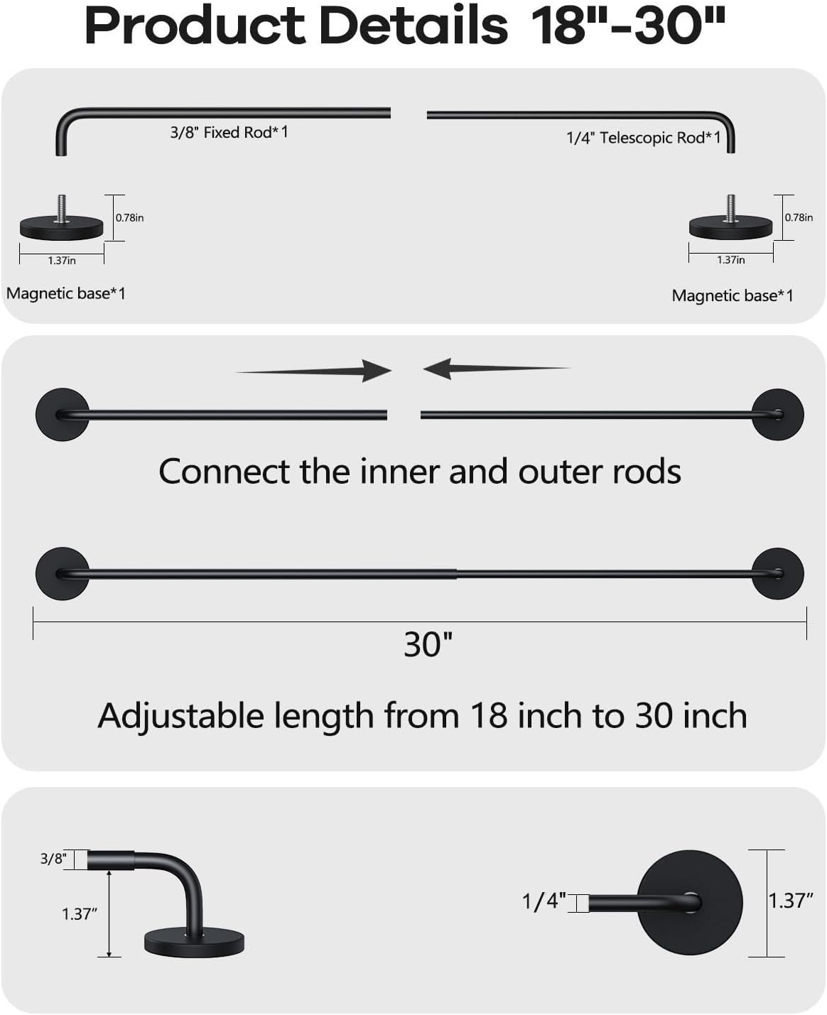Magnetic Curtain Rods for Metal Door, 18 to 30 Inch Curtain Magnet Rod 3/8 Inch Diameter Magnetic Café Rod Adjustable Appliances for French Doors Cafe Window(Black, 1Pack)