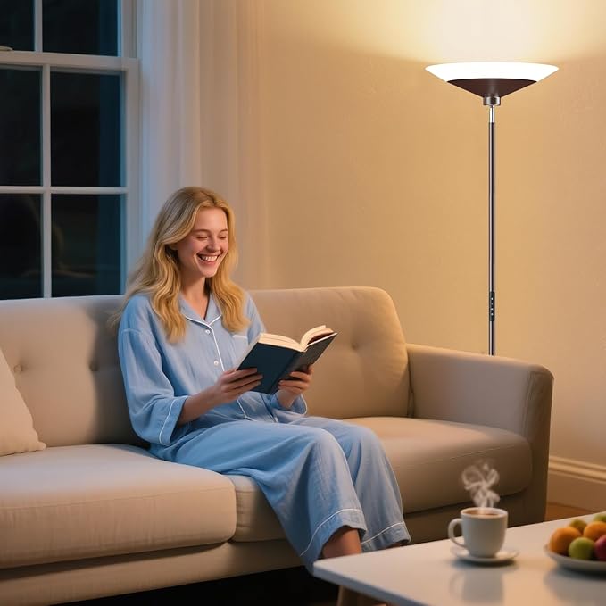SIBRILLE Brown Torchiere Floor Lamp - 30W Dimmable LED Standing Lamp - Image 6