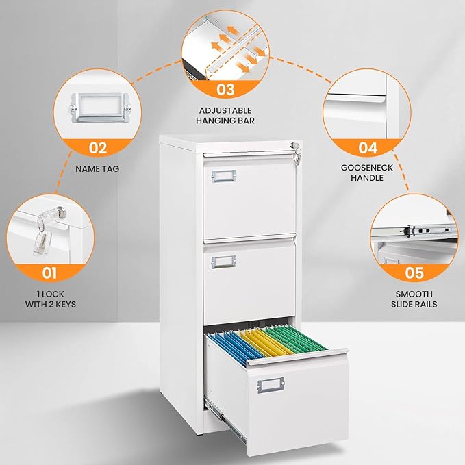 3 Drawer File Cabinet with Lock, Metal Filing Cabinets - Image 6