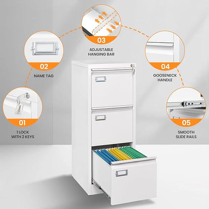 3 Drawer File Cabinet with Lock, Metal Filing Cabinets - Image 6