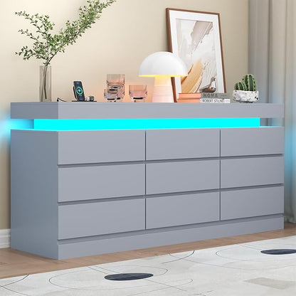 9 Drawer Dresser with Power Outlet, Dresser with LED Light, Modern Chest of by Gyfimoie