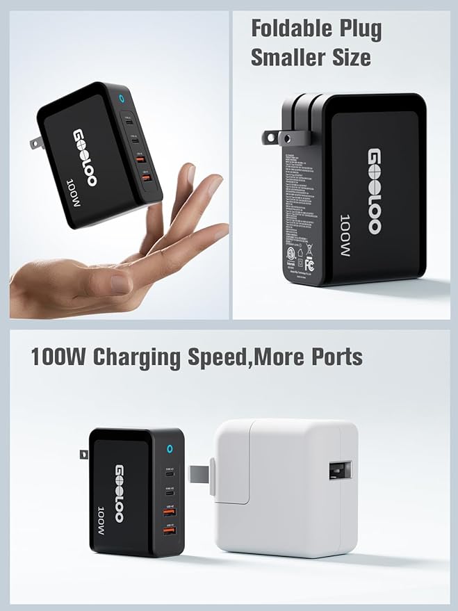 GOOLOO 100W USB C Charger Block, 4-Port Foldable Compact Fast Wall Charger - Image 4