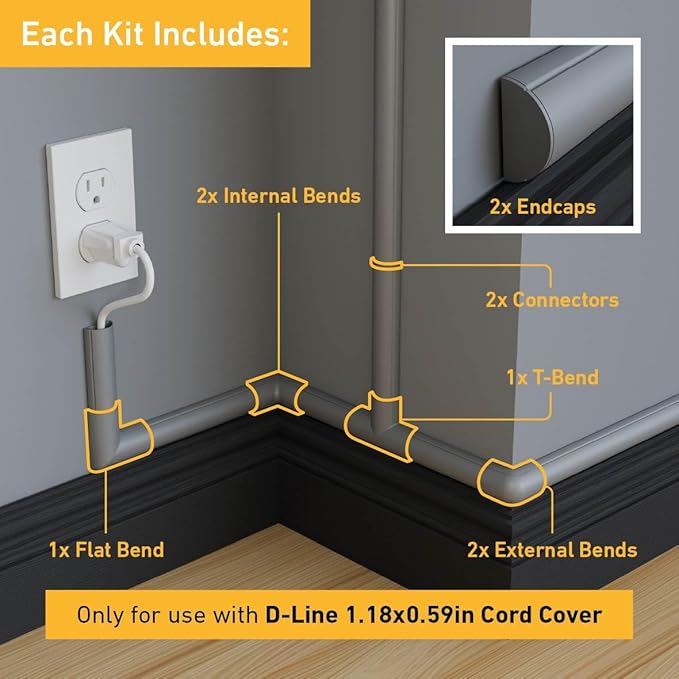 D-Line Medium Cable Raceway Accessory Pack, Join 1.18in x 0.59in Cord Cover - Image 2