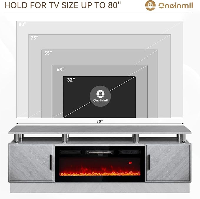 70 Inch Gray Electric Fireplace TV Stand, 2-Tier Media Console Fits TVs Up to - Image 4