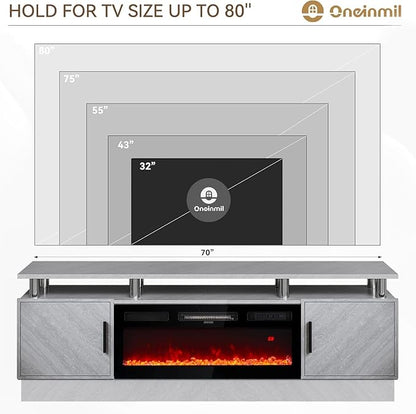 70 Inch Gray Electric Fireplace TV Stand, 2-Tier Media Console Fits TVs Up to - Image 4