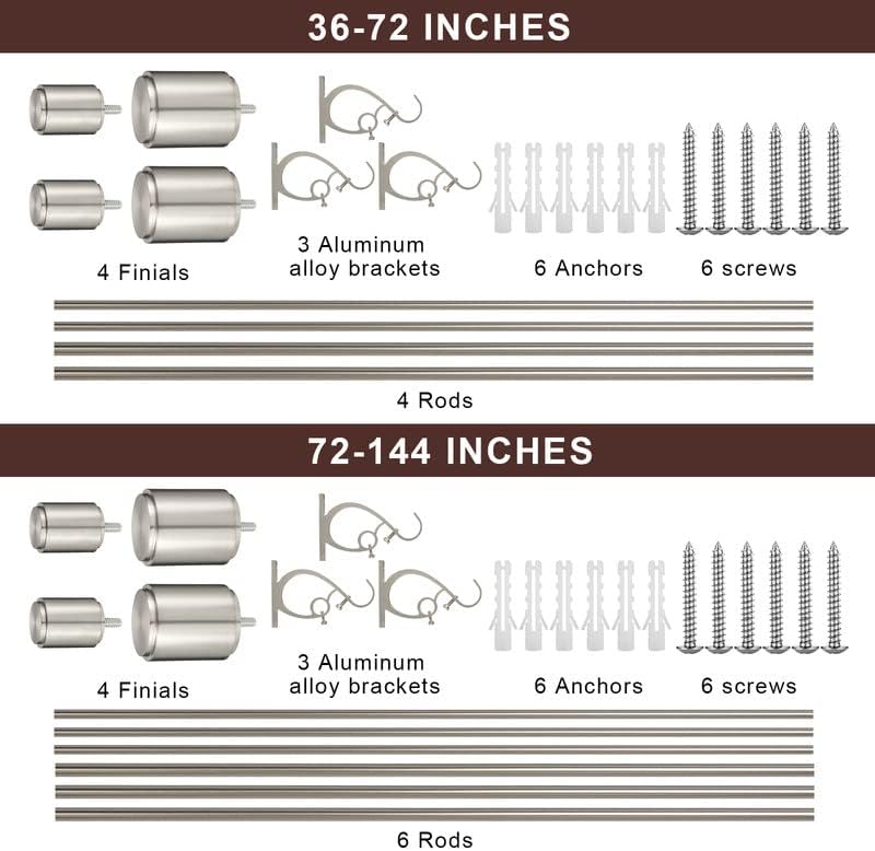 Double Curtain Rods Brushed Nickel, Double Drapery Rod 36-72 Inch, Heavy Duty 1 Inch Front and 5/8 Inch Diameter Back Adjustable Dual Curtain Rod with Cap Finials