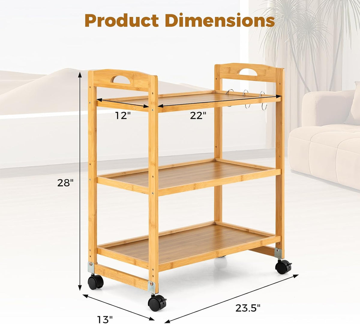 GIANTEX 3-Tier Rolling Storage Cart, Bamboo Utility Cart w/ 3 Side Hooks &amp...