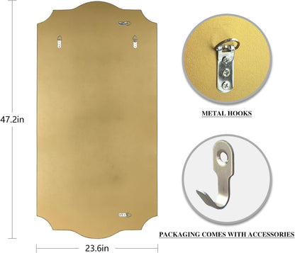 POZINO 47"x24" Large Scalloped Wall Mirror with Gold Wood Frame | Irregular Rectangle Design, Horizontal/Vertical Hanging, Elegant Wavy Wall Mirror for Entryway Bedroom Bathroom Living Room