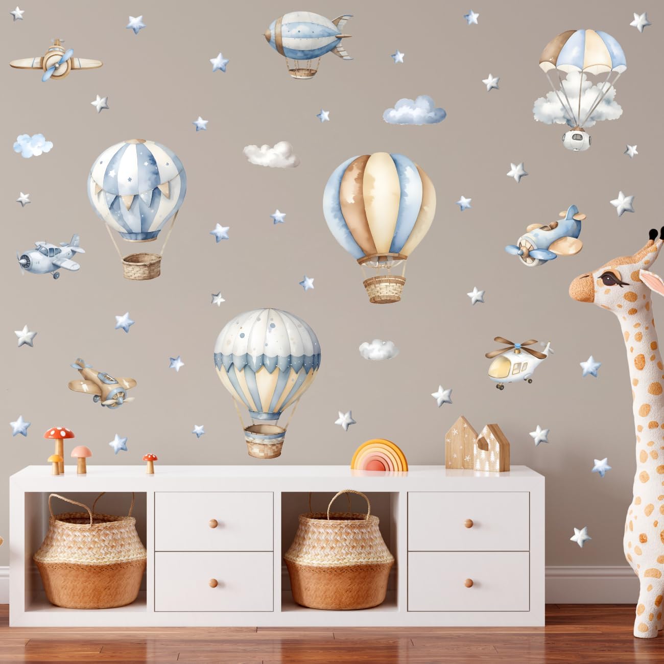 Watercolor Hot Air Balloon Wall Sticker Airplane Cloud Vinyl Decal | Watercolor Hot Air Balloon Wall Stickers, DIY Airplane Clouds Vinyl Decals for Kids Bedroom Playroom Toddler Room Decor