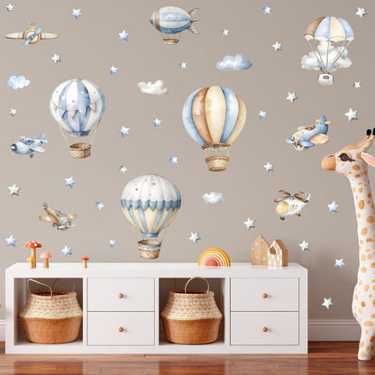 Watercolor Hot Air Balloon Wall Sticker Airplane Cloud Vinyl Decal | Watercolor Hot Air Balloon Wall Stickers, DIY Airplane Clouds Vinyl Decals for Kids Bedroom Playroom Toddler Room Decor