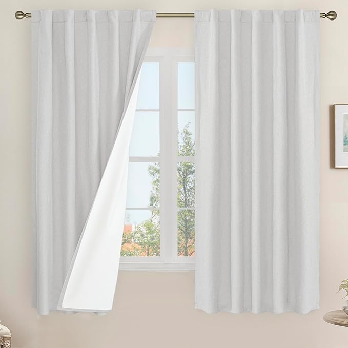 LAMIT 100% Blackout Linen Curtains, 63 Inches Linen Textured Thermal Bedroom by LAMIT