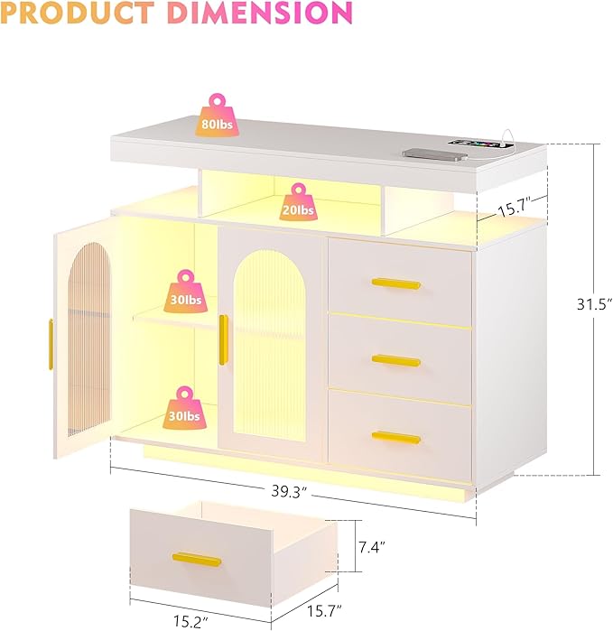 40" LED Buffet Cabinet with Charging Station, Auto Sensor Kitchen Storage - Image 2