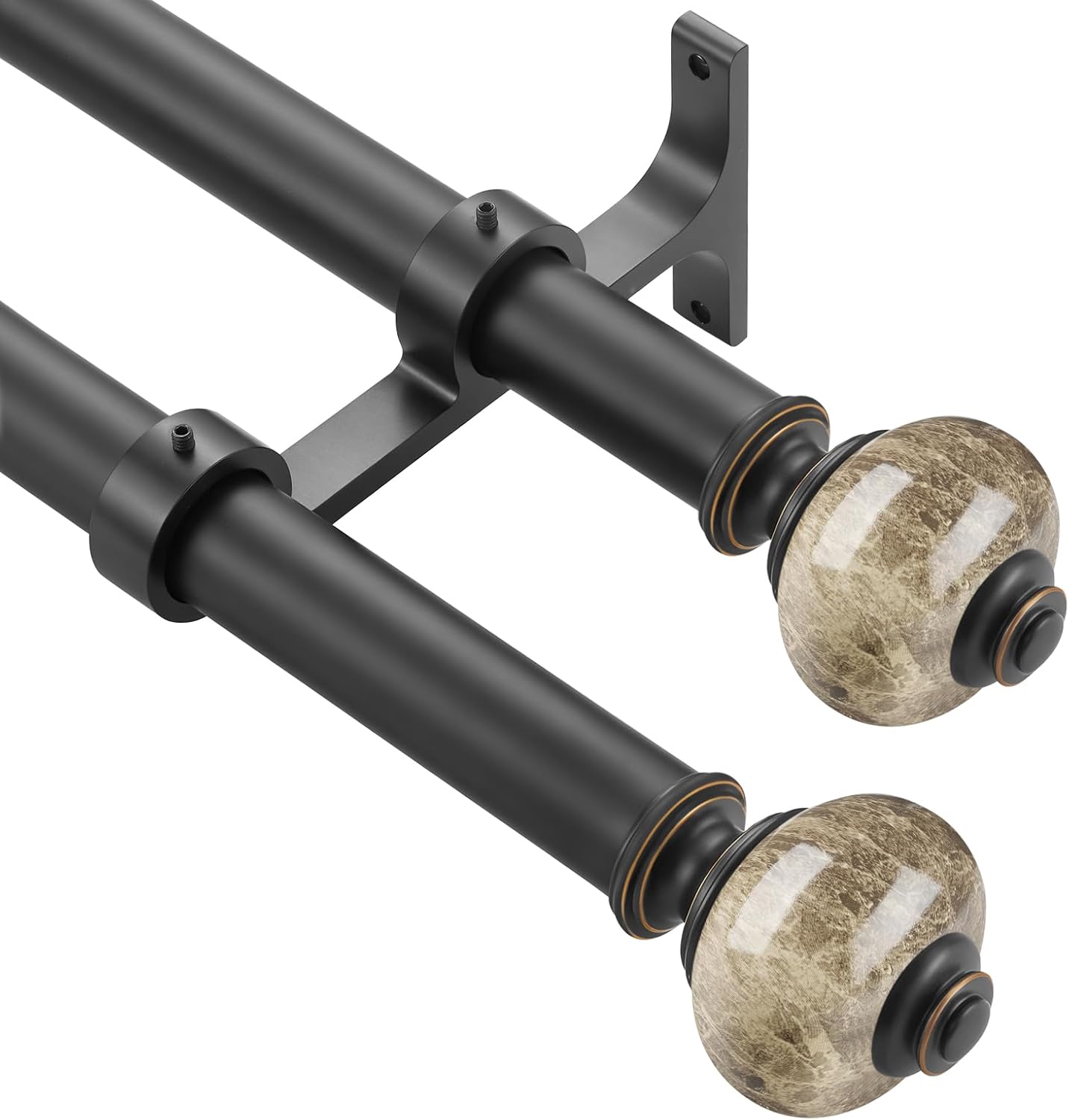 Double Curtain Rods for Window 72-144 Inch(6-12ft), Heavy Duty 1 Inch Front and 1 Inch Back Diameter Telescoping Drapery Rod with Resin Marbled Finials and Aluminum Alloy Brackets, Matte Black