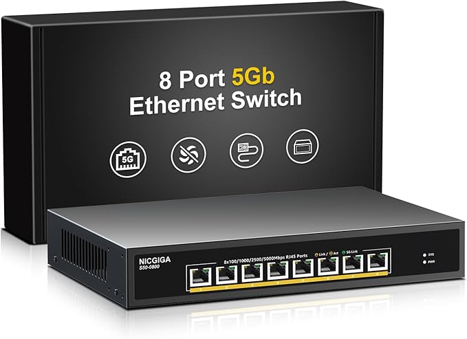 8 Port 5G Ethernet Switch Unmanaged, by NICGIGA