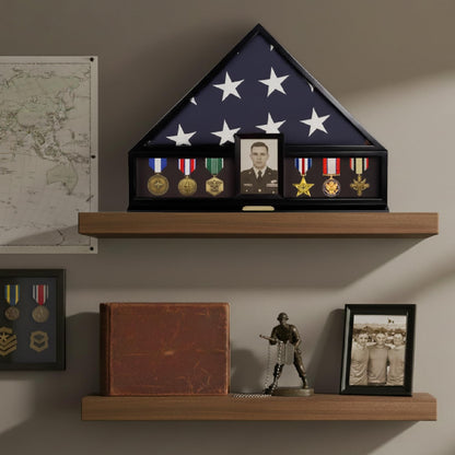 Bey-Berk Personalized American Burial Flag Display Case (Black), Solid Wood Military Shadow Box with Medal Display, 4" x 6" Photo Frame and Glass Front, Fits 5' x 9.5' Veteran Flag