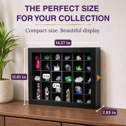 Premium Rock Display Case – Wooden Shadow Box with Shelves for Crystals, Seashell & Figurines – 30 Adjustable Compartments – Real Glass Door – Elegant Storage for Collectibles