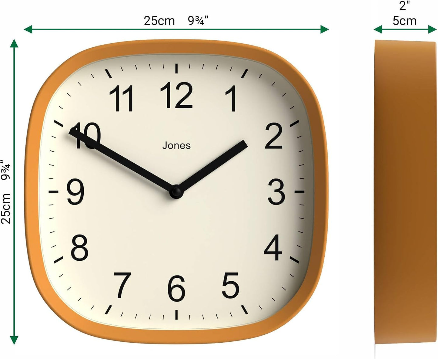 JONES CLOCKS® Sprite wall Clock | Modern Retro Rounded Square Clock | 10" | Mustard Yellow | Easy to Read Numbers | Perfect for Kitchen or Office