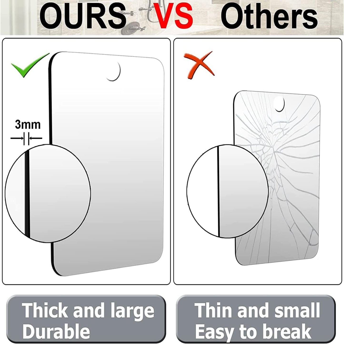 XoYo 2-Pack Fogless Shower Mirror, Includes 2 Adhesive Hooks, Anti-Fog Frameless Wall Hanging Makeup & Shaving Bathroom Accessory (Large+Small) | 2-Pack Deluxe Large + Small Anti Fog and Shatterproof Mirror in Bathroom(11 in X 7.48 in + 6 in X 4 in)