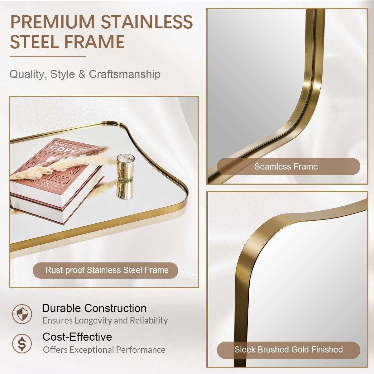 Irregular 24"x30" Brushed Gold Bathroom Vanity Mirror | Rustprrof Stainless Steel Frame, Concave Scalloped Contour, Ultra-HD Clarity, Ideal Bathroom Decor & Remodel, Vertically Only