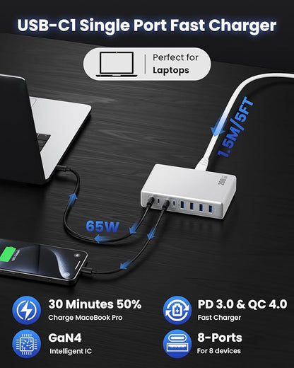 200W USB C Charger Block, GaN IV Charging Station 8 Ports, QC4.0 Fast Charging - Image 6