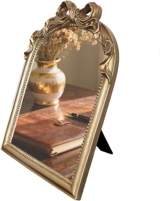 Vintage Carved Resin Desk Mirror - 13x10 Inch Decorative Vanity Mirror for Makeup, Dorm, Bedroom & Tabletop Deco (Bow Champagne Gold, 13" L x 10.2" W)