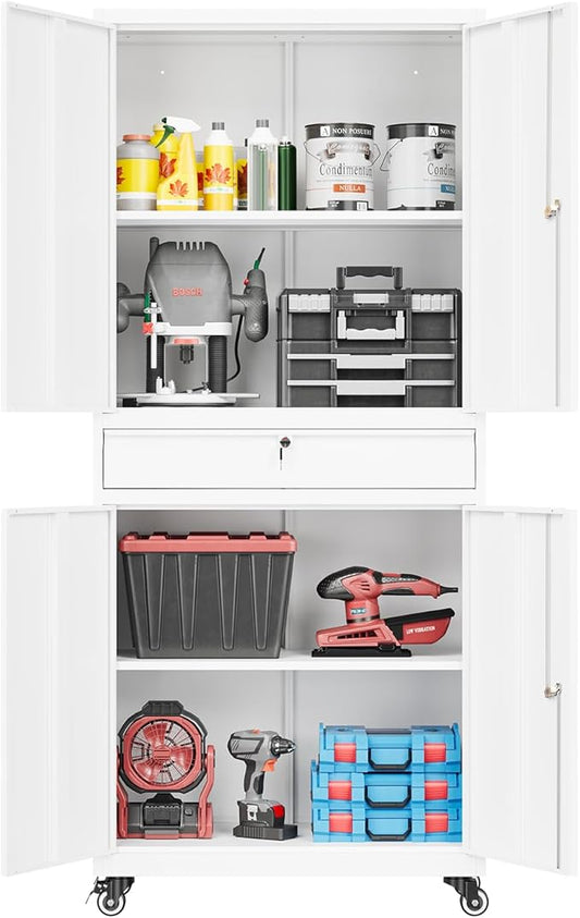 73" Metal Cabinet-White Heavy Duty Rolling Storage Cabinet Steel Tool Cabinets by Fesbos