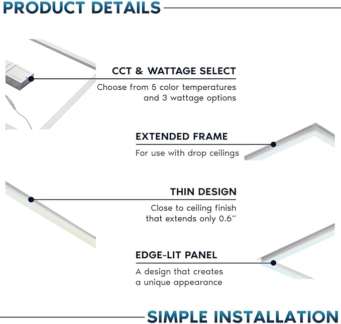 2x2 FT Edge-Lit Frame LED Panel Lights, 5CCT Selectable 3000K-6500K, - Image 4