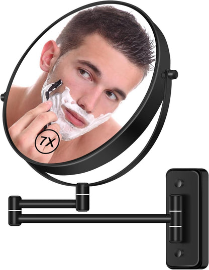 BTremary 8” Wall Mounted Magnifying Makeup Mirror 1X/7X Wall Mount Mirror Swing Arm Two-Sided 360° Swivel Bathroom Shaving Mirror for Men and Women in Hotel/Home, Black