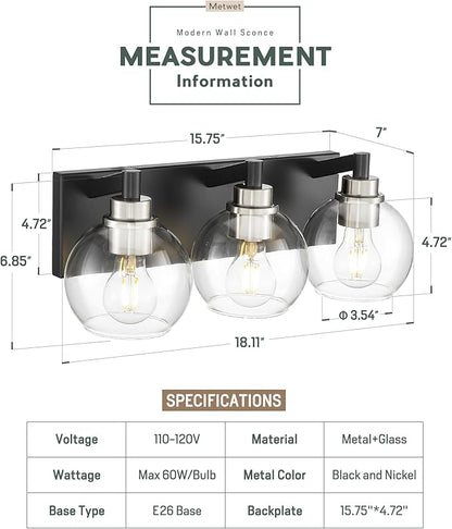 METWET Bathroom Light Fixtures, 3-Light Black and Brushed Nickel Bathroom - Image 3