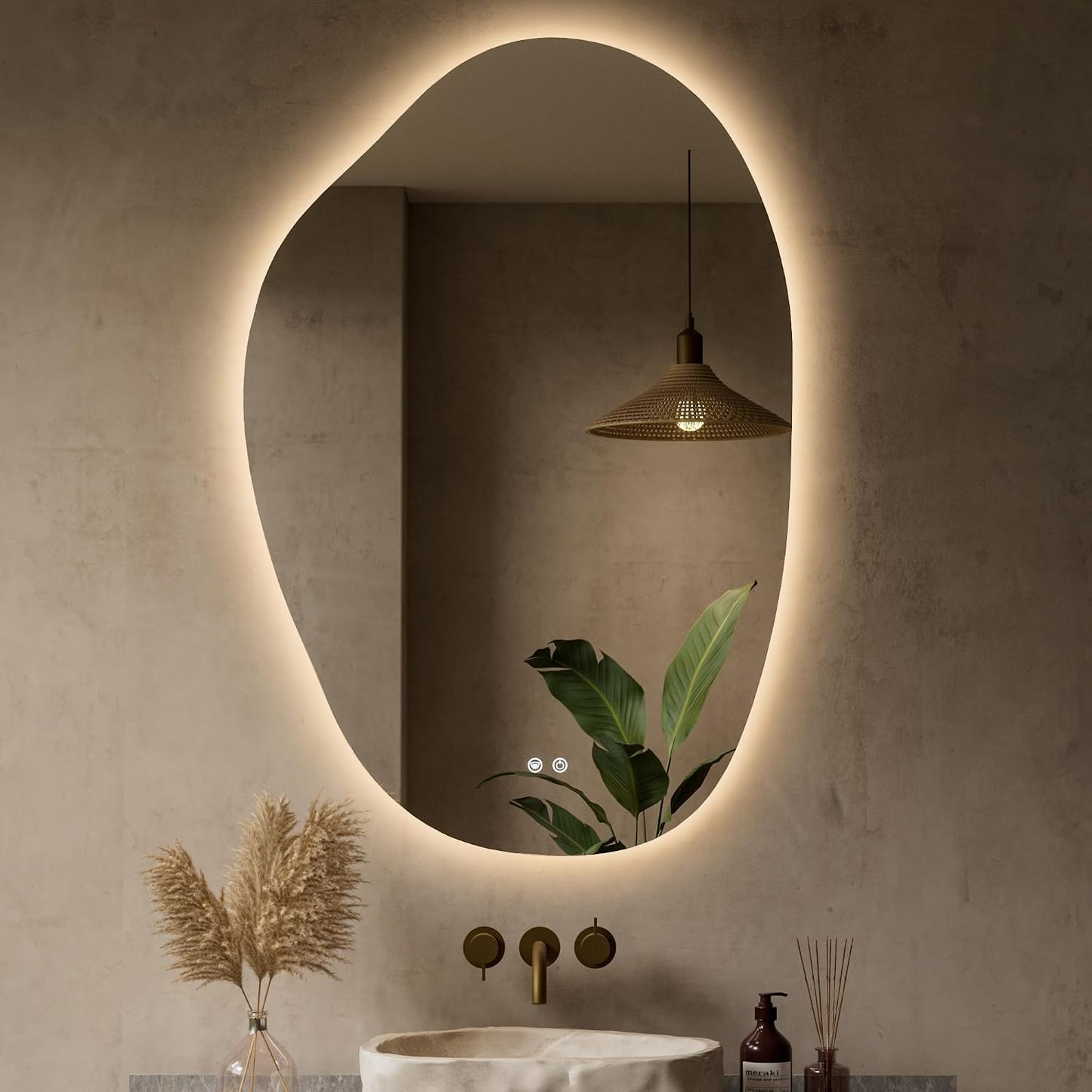 Keonjinn 24 x 36 Inch Irregular Bathroom Mirror with Lights, Tempered Glass | Asymmetrical Backlit Mirror, Stepless Dimmable with 3 Colors, Fast & Safe Defogging, Memory Function, Horizontal/Vertical