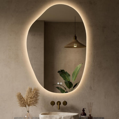Keonjinn 24 x 36 Inch Irregular Bathroom Mirror with Lights, Tempered Glass | Asymmetrical Backlit Mirror, Stepless Dimmable with 3 Colors, Fast & Safe Defogging, Memory Function, Horizontal/Vertical