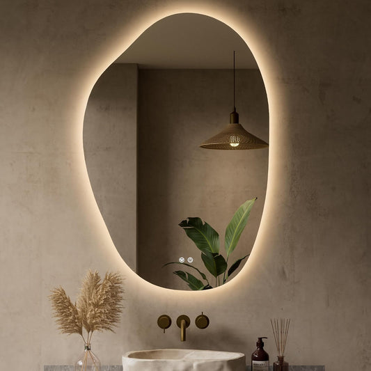 Keonjinn 24 x 36 Inch Irregular Bathroom Mirror with Lights, Tempered Glass | Asymmetrical Backlit Mirror, Stepless Dimmable with 3 Colors, Fast & Safe Defogging, Memory Function, Horizontal/Vertical