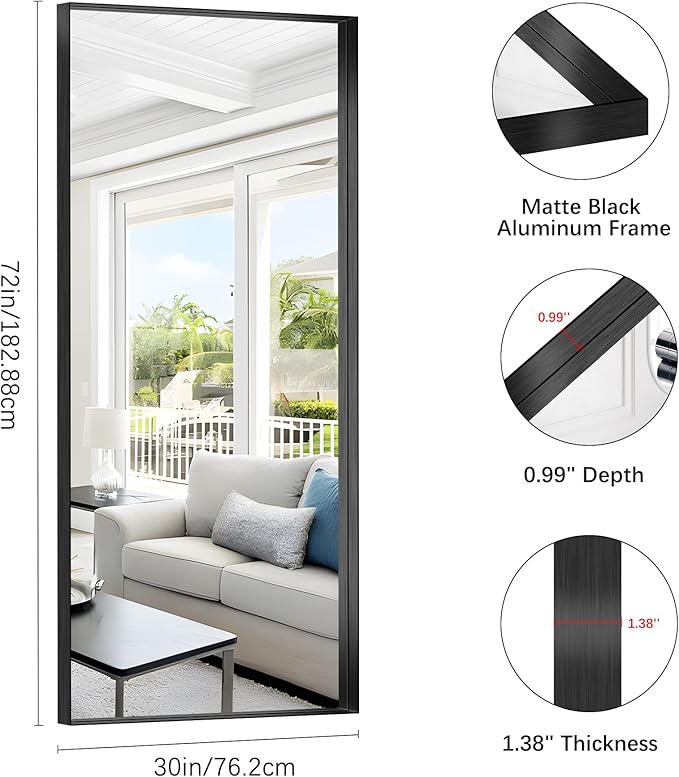 Black Bathroom Mirror, 72x30 Inch Rectangular Deep Frame Mirror, Large Wall - Image 3