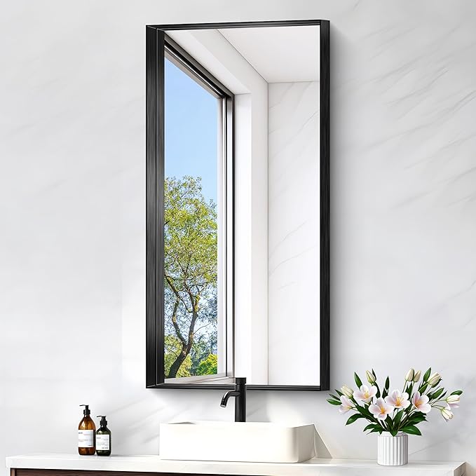 Black Bathroom Mirror, 40x20 Inch Rectangular Framed Mirror, Large Wall Mounted by Unknown