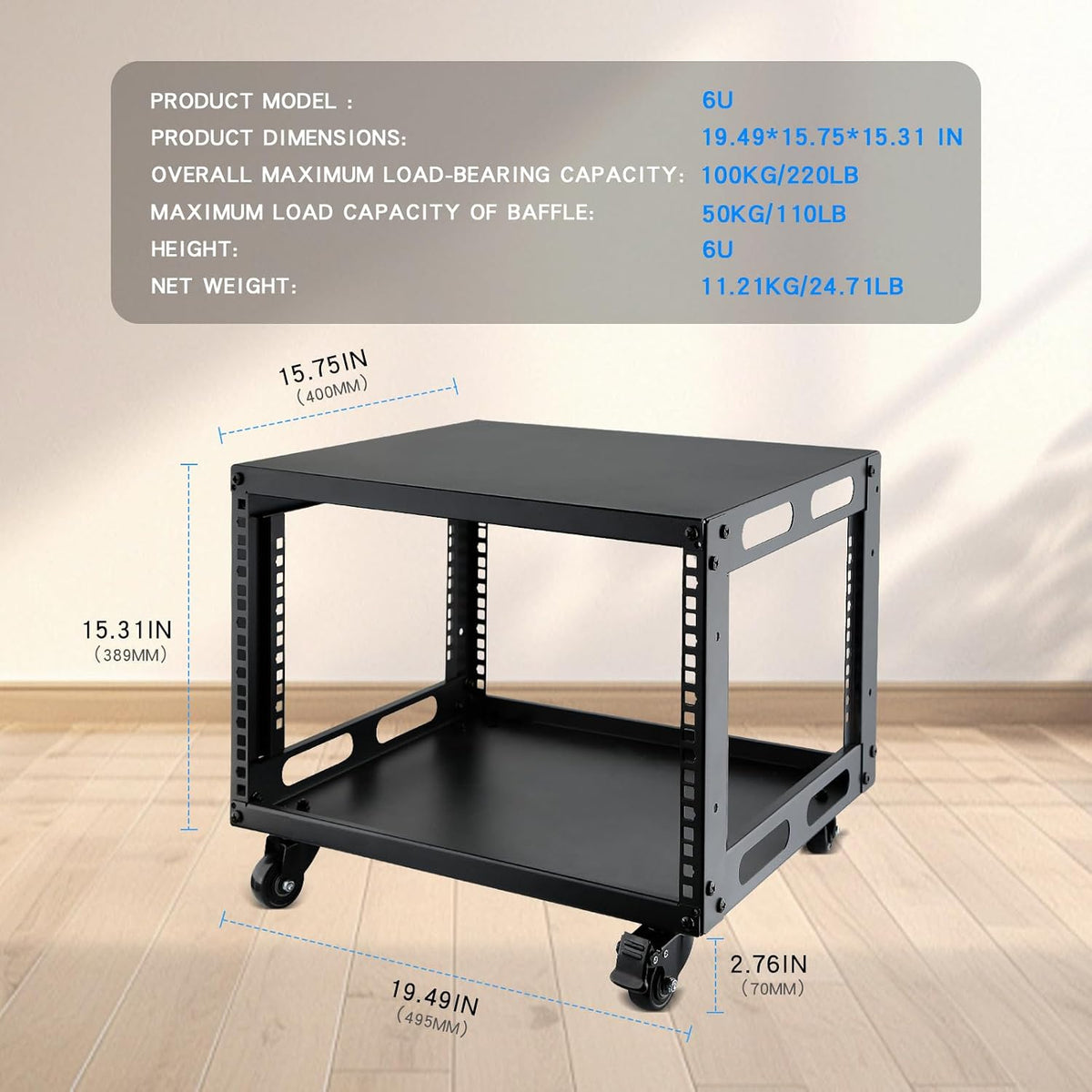 6U Open Frame Server Rack with Wheels Free Standing Network Server Rack for S...