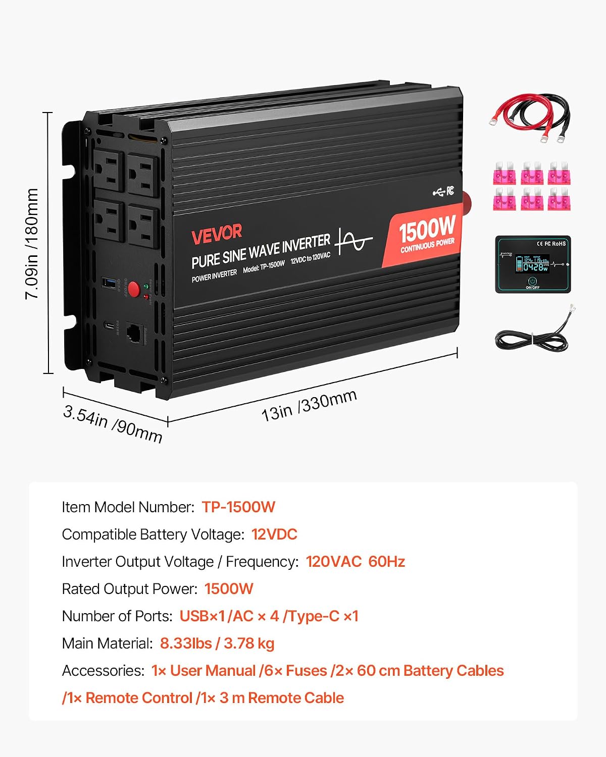 VEVOR 1500W Power Inverter, 12V DC to 120V AC Pure Sine Wave Inverter, Car Ch...