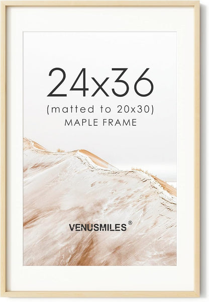 24x36 Poster Frame, USA-Sourced Natural Maple Wood Picture Collage Frame with HD Tempered Glass, Modern Simple 24 x 36 Wooden Photo Frame Matted to 20x30, Vertical & Horizontal Wall Hanging Display