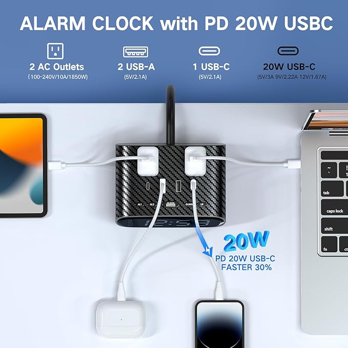 XBA Digital Alarm Clock with 20W USB C Ports, Dual Alarm Clock Power Strip with - Image 2