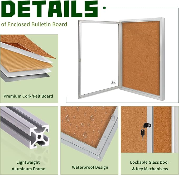 Lockable Outdoor Enclosed Bulletin Board, Weatherproof Cork Noticeboard - Image 3
