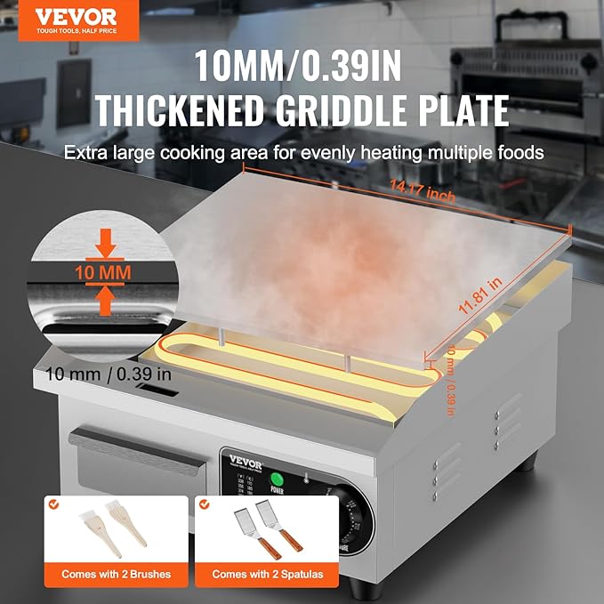 VEVOR Commercial Electric Griddle, 1700W Countertop Flat Top Grill, 14in - Image 2