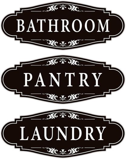3PCS Bathroom/Laundry Room/Pantry Door Signs Sticker, Self-Adhesive | Weatherproof and Fade-Resistant Vinyl Bathroom Door Decal Decor for Home, House, Business, Office, Apartment（9" x 3.5"）