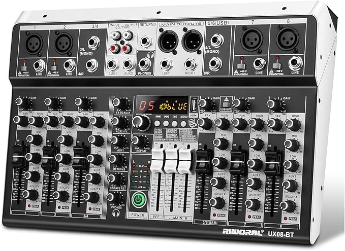 8 Channel Audio Mixer DJ Mixer Sound Board Console 16 Dsp USB Audio Interface by RiworalAudio