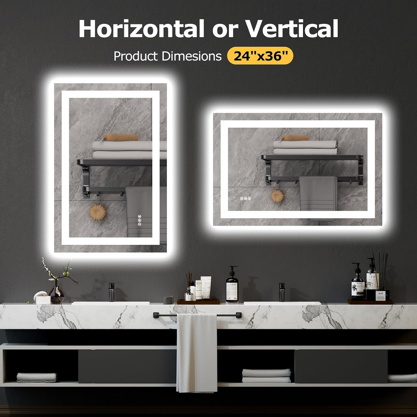 Hivone 24X36 LED Bathroom Mirror with Lights, Anti-Fog, Dimmable, Backlit + Front Lit, Smart Bathroom Vanity Mirror, Memory Function, Shatterproof, Tempered Glass (Horizontal/Vertical)
