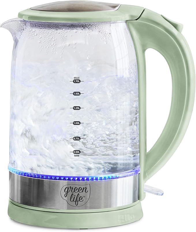 GreenLife 1.7 Liter Glass Electric Kettle, Easy One Touch Use, Quick Heating by GreenLife