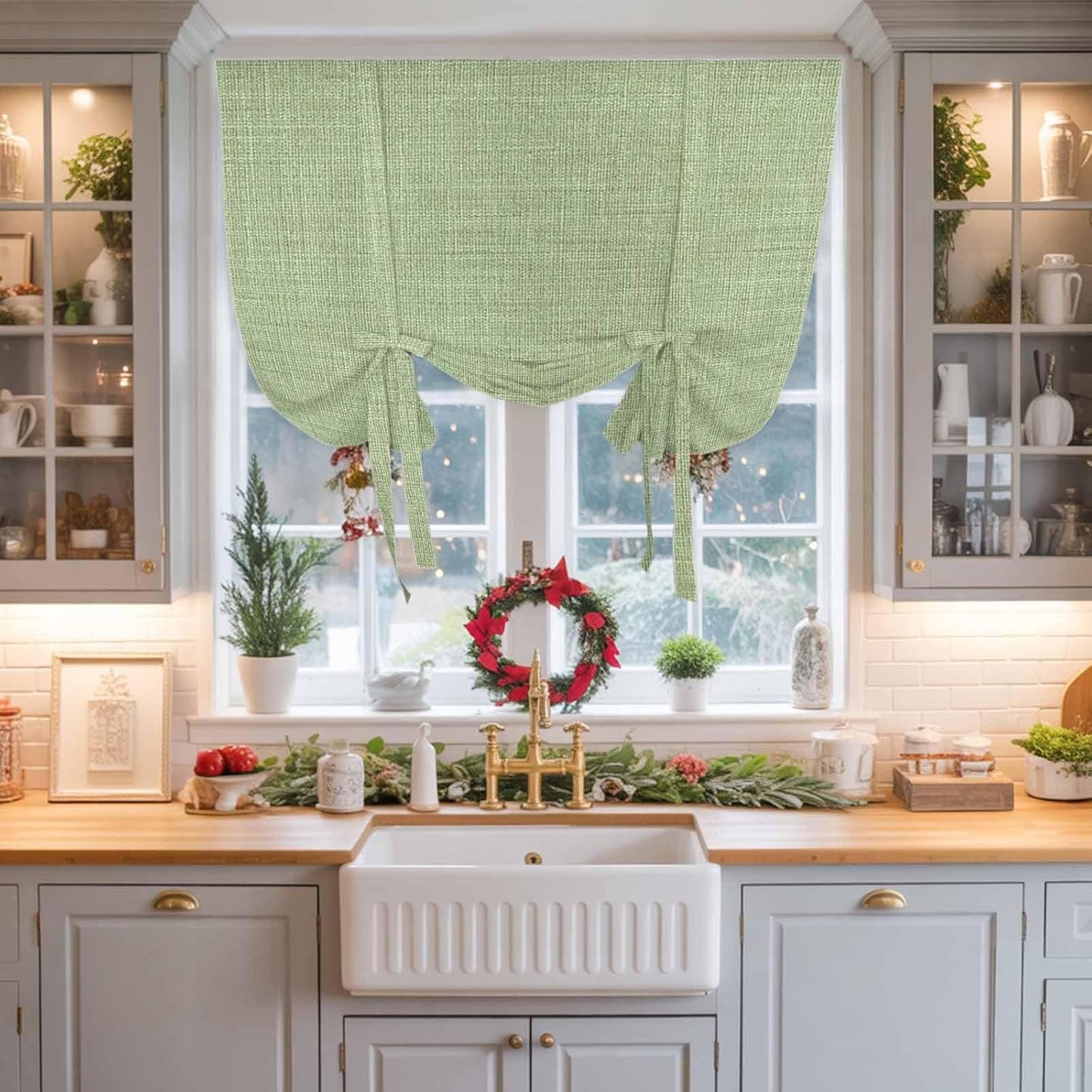 Vintage Sage Green Tie Up Curtains for Windows 54 Inch Length Balloon Curtains Kitchen Adjustable Balloon Window Shade Farmhouse Retro Beige Solid Color Tie Up Valance Bathroom Curtain Window 42"x54"