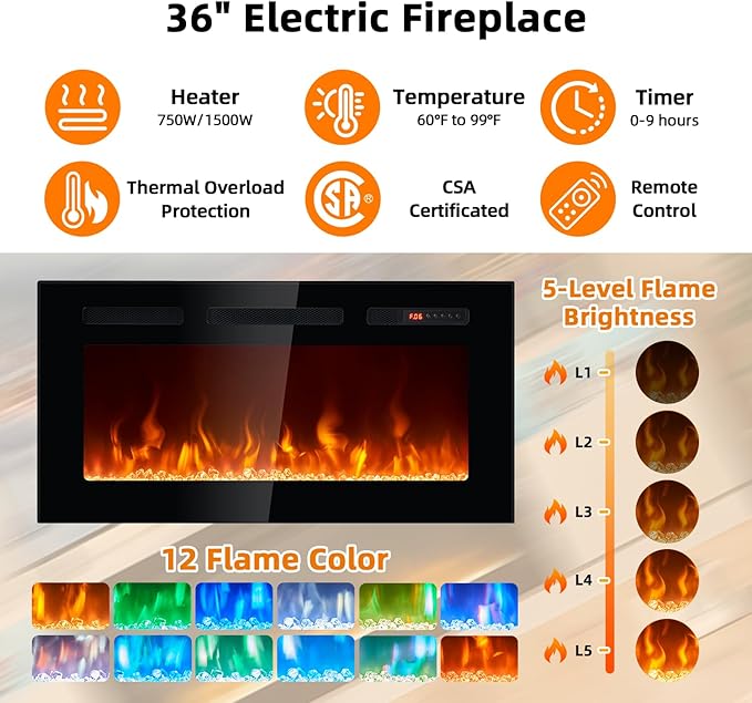 Fireplace TV Stand with 36" Electric Fireplace, Entertainment Center with LED - Image 5