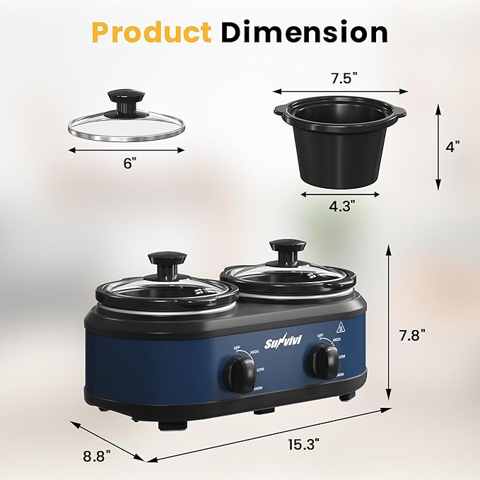 Sunvivi Double Slow Cooker, 2 Removable Pots Small Mini Crock Buffet Server and - Image 3