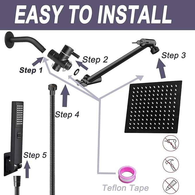 10" High Pressure Square Rainfall Shower Head and 2-in-1 Hand Shower, Rainfall - Image 6